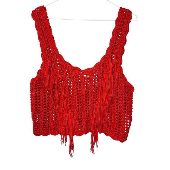 Zara Crochet Knitted Fringed Sleeveless Cropped Boho Red Tank Top Size Medium - Picture 1 of 5